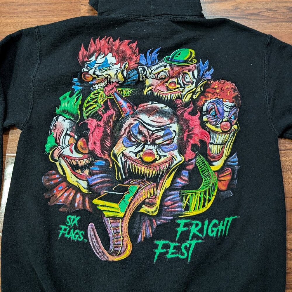 Six Flags Fright Fest Hoodie Sweatshirt Clown Halloween Sz S Great Adventure - Picture 3 of 11